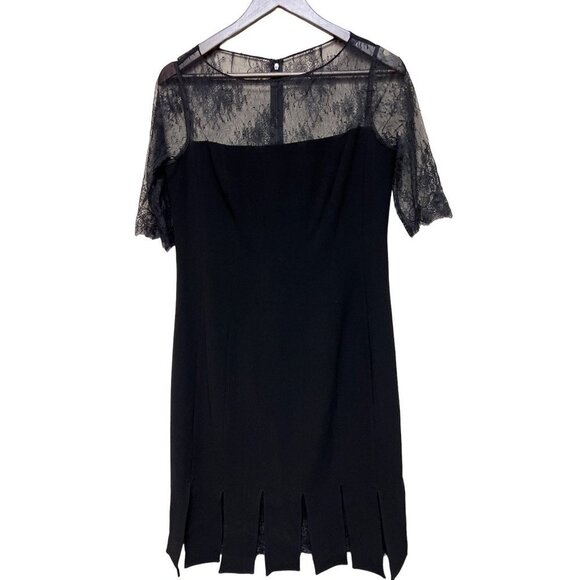 rickie freeman TERI JON Black Lace Pleated Cut Hem Short Sleeve Women's Size 8 - Picture 1 of 12